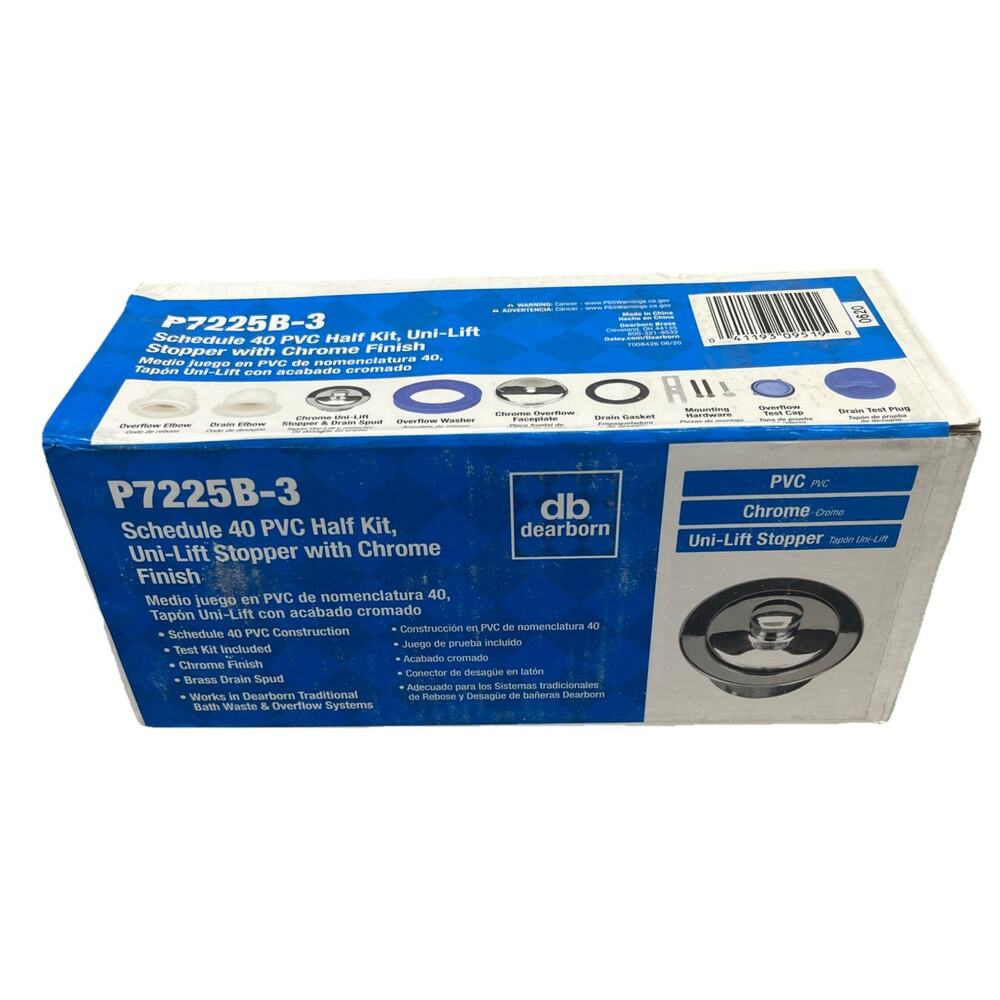 Dearborn Schedule 40 PVC Half Kit, Uni-Lift Stopper with Chrome Finish. {108}.